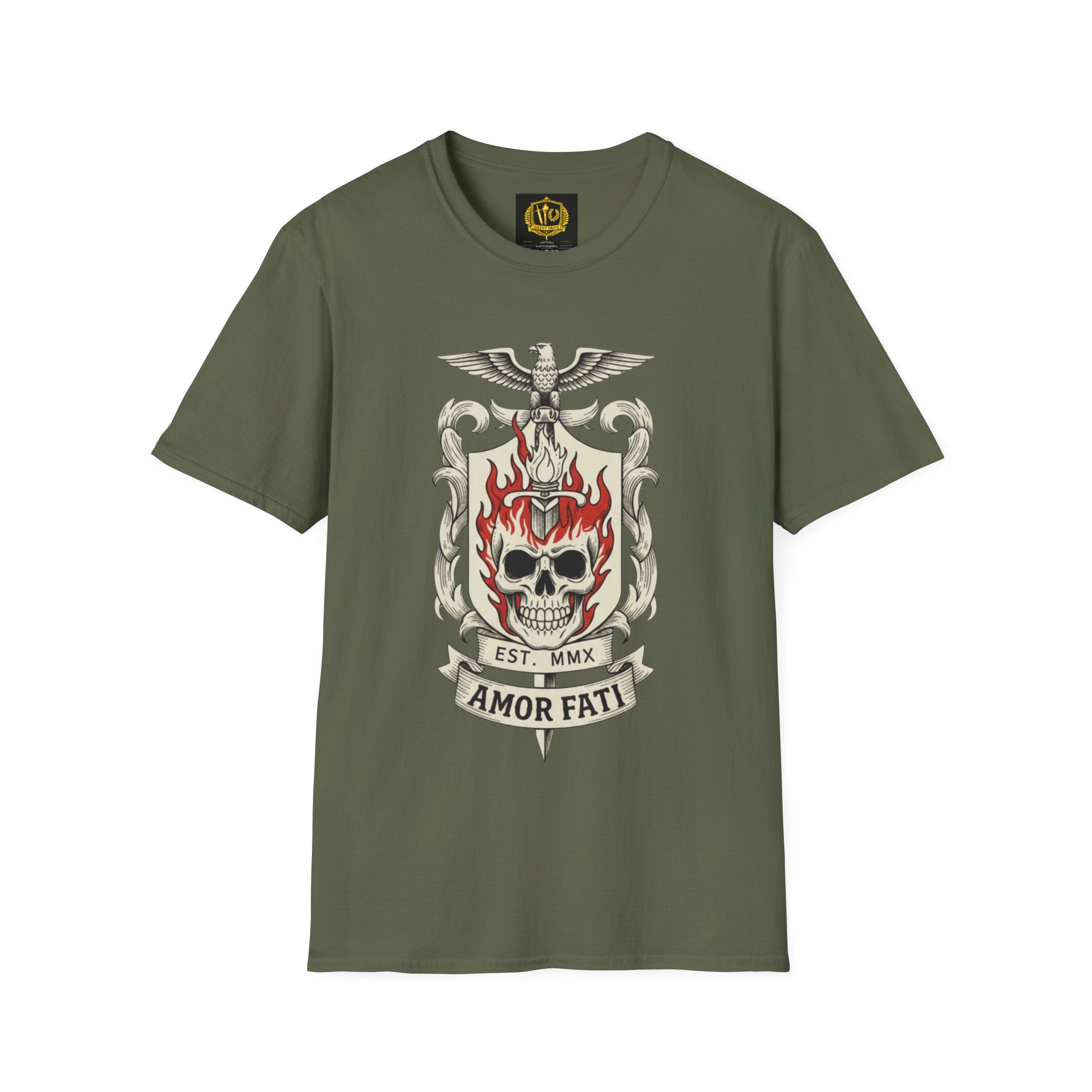Stoic Philosophy Skull & Flame Heraldic Crest Design (Unisex - Image Printed On The Front)