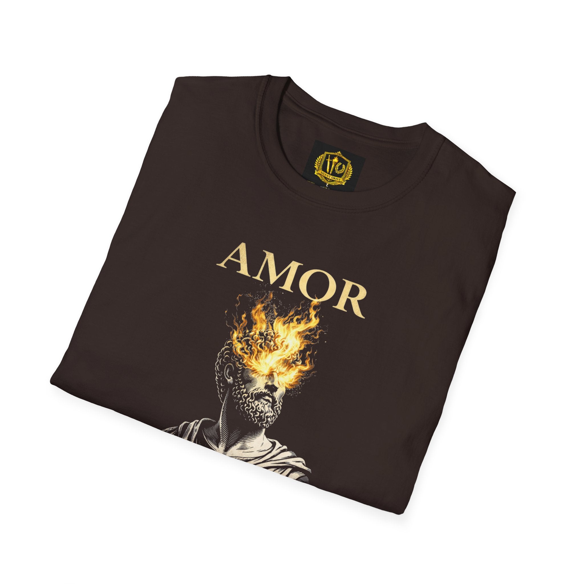 Amor Fati T-Shirt – Stoic Philosophy Flame Head Statue Design (Unisex - Image Printed On The Front)