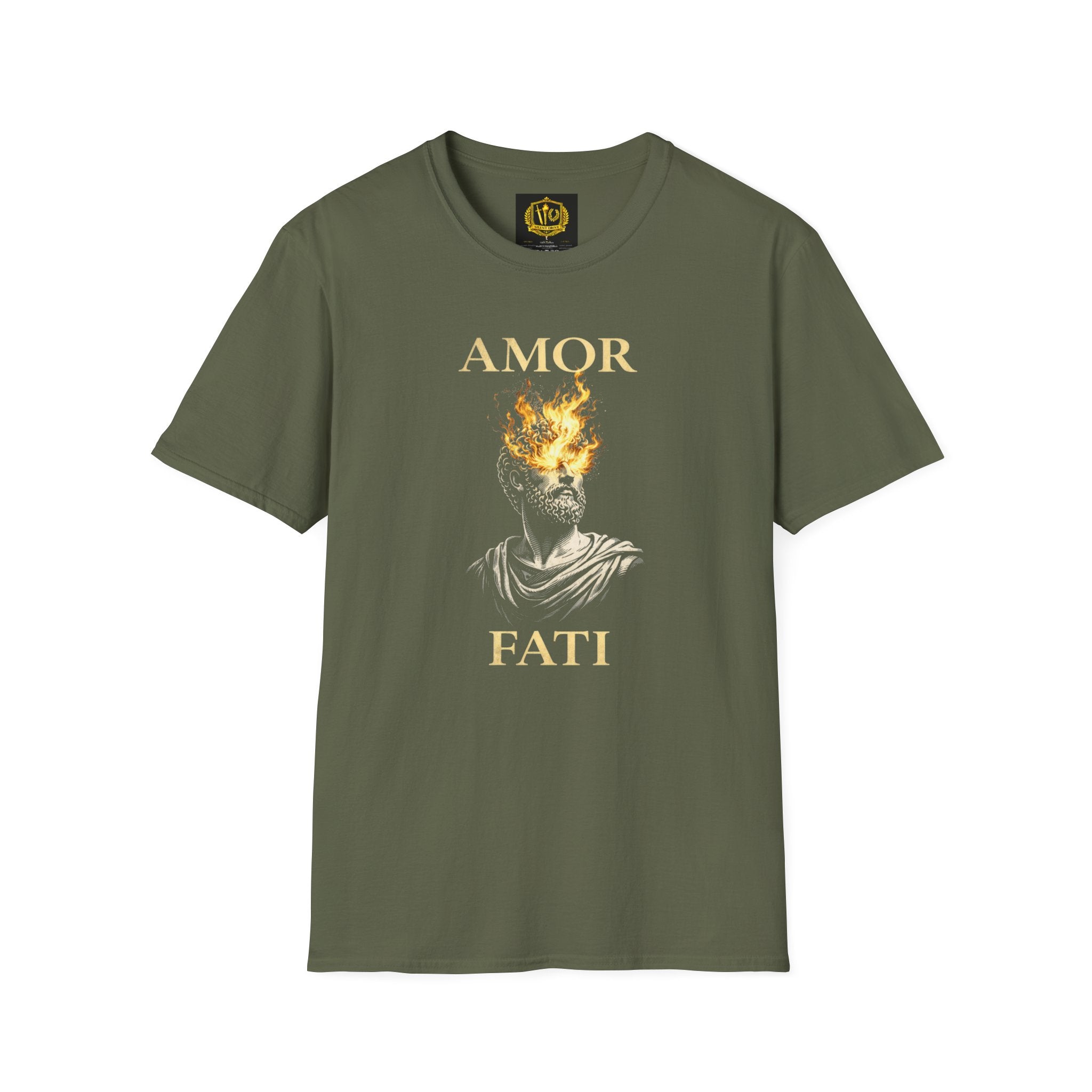 Amor Fati T-Shirt – Stoic Philosophy Flame Head Statue Design (Unisex - Image Printed On The Front)