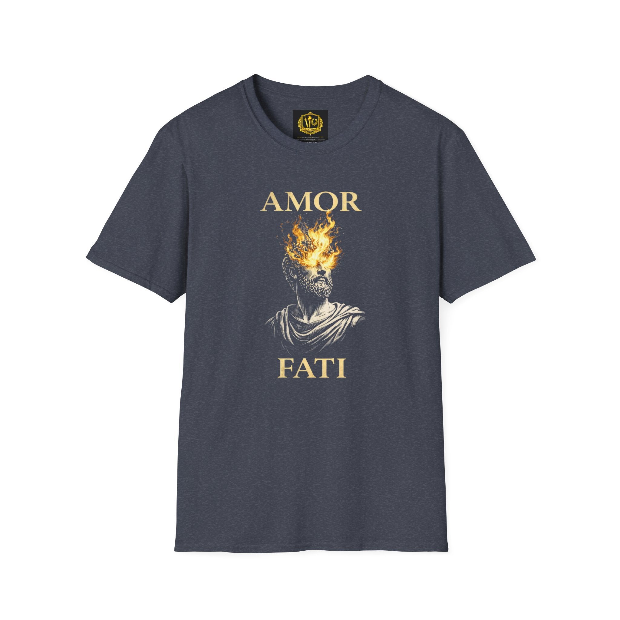 Amor Fati T-Shirt – Stoic Philosophy Flame Head Statue Design (Unisex - Image Printed On The Front)