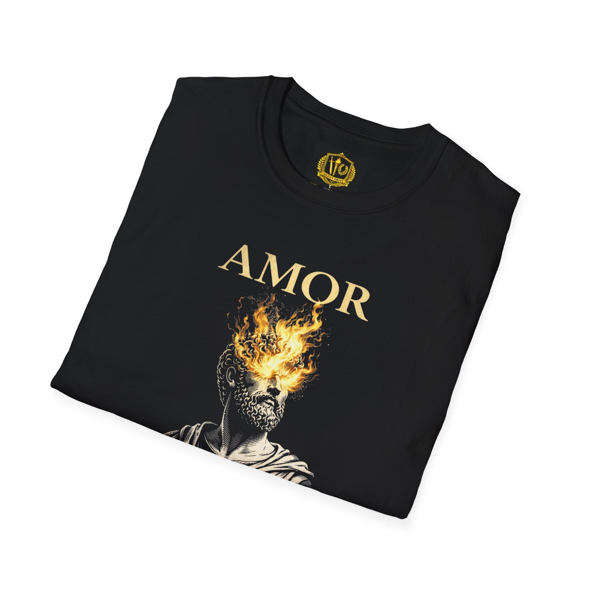 Amor Fati T-Shirt – Stoic Philosophy Flame Head Statue Design (Unisex - Image Printed On The Front)
