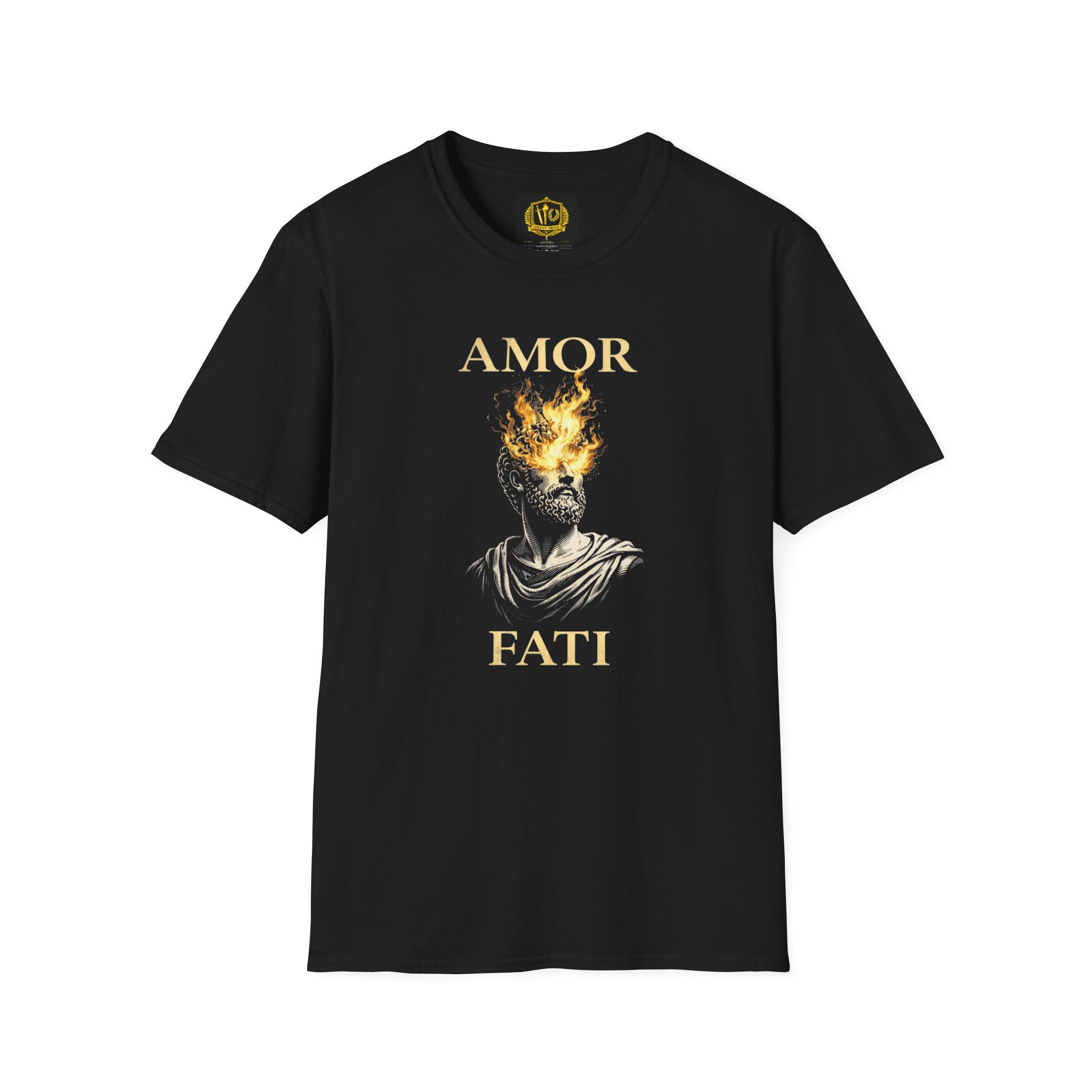 Amor Fati T-Shirt – Stoic Philosophy Flame Head Statue Design (Unisex - Image Printed On The Front)