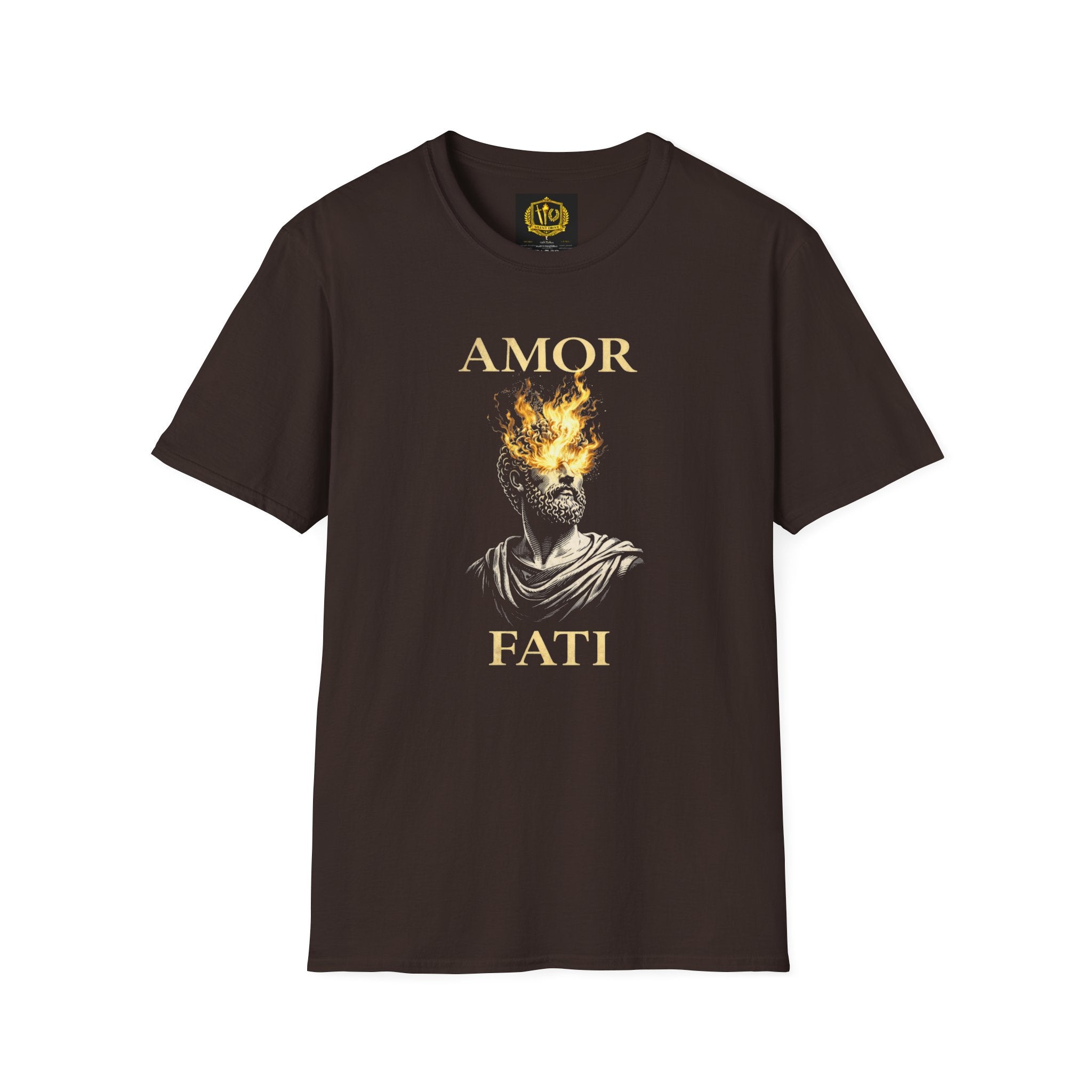 Amor Fati T-Shirt – Stoic Philosophy Flame Head Statue Design (Unisex - Image Printed On The Front)