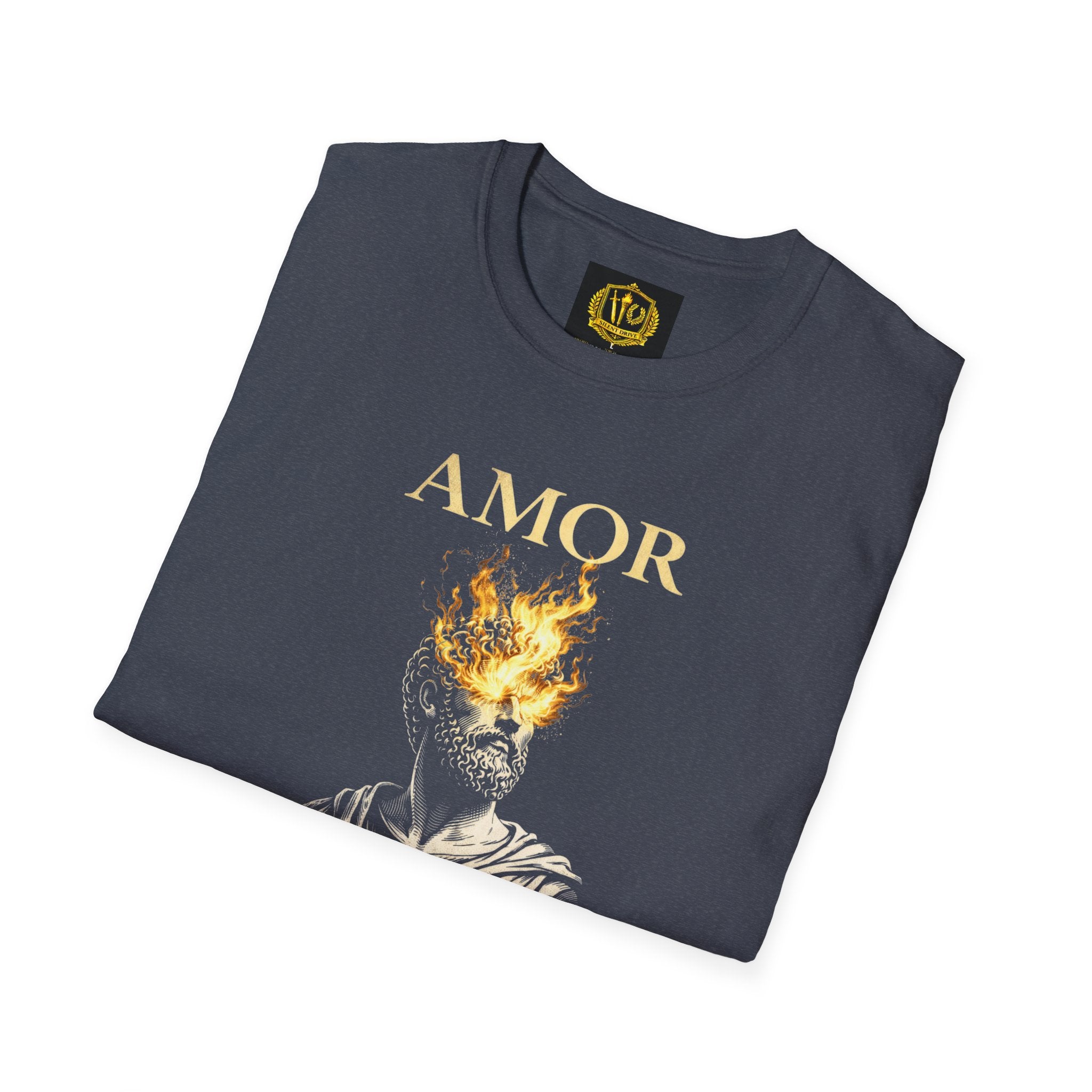 Amor Fati T-Shirt – Stoic Philosophy Flame Head Statue Design (Unisex - Image Printed On The Front)