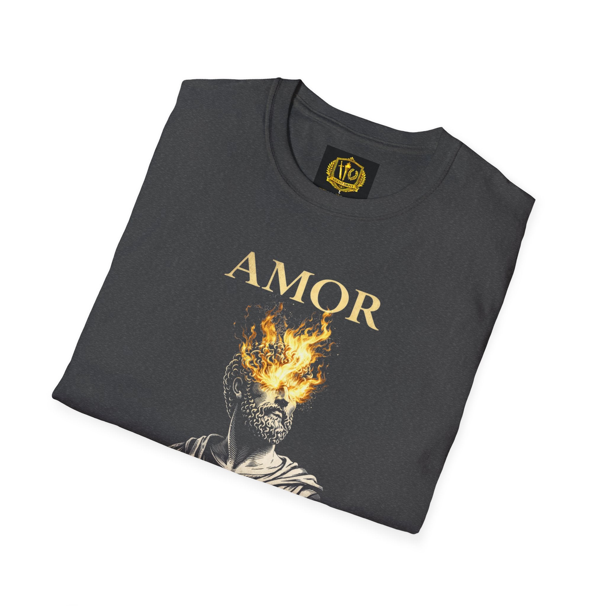 Amor Fati T-Shirt – Stoic Philosophy Flame Head Statue Design (Unisex - Image Printed On The Front)