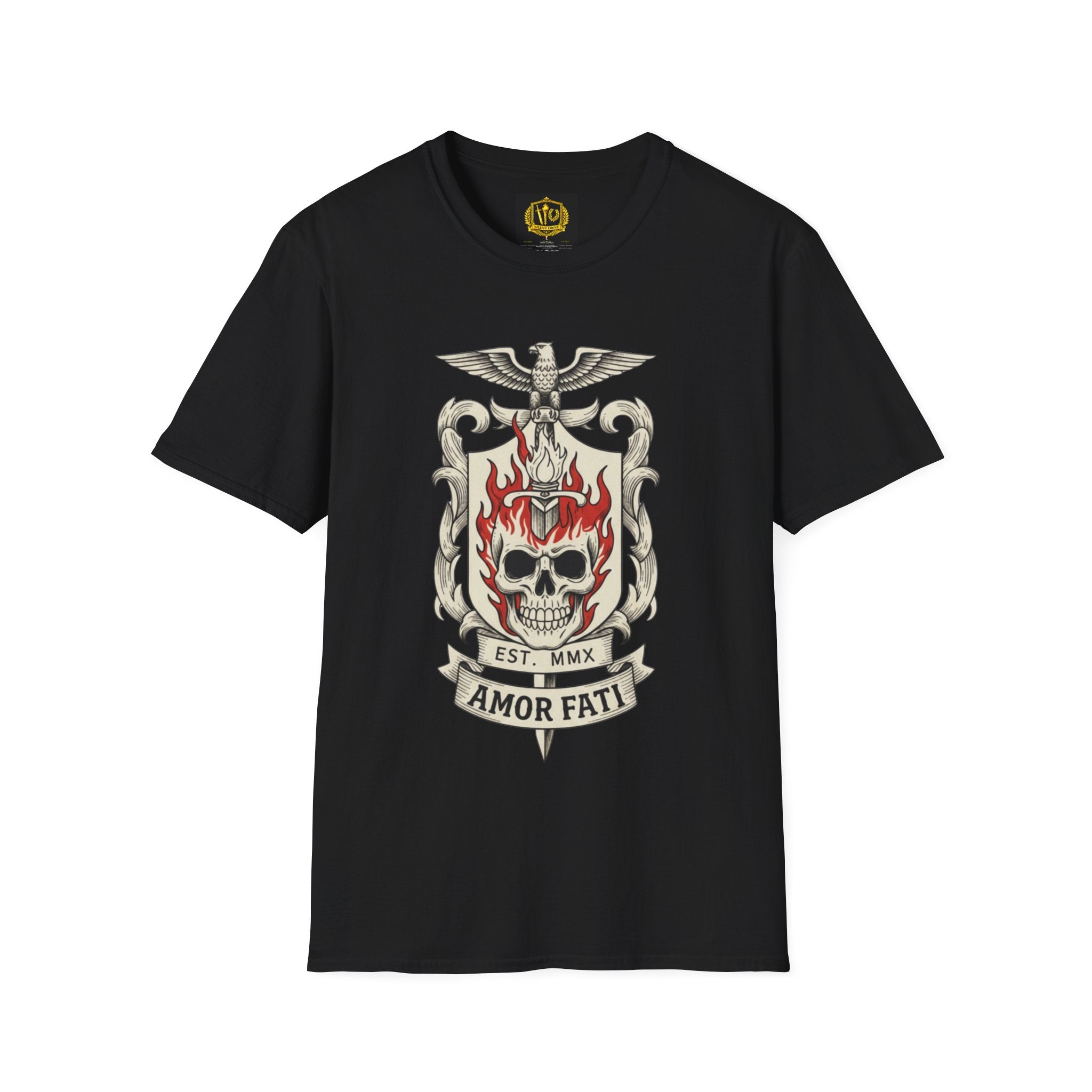 Stoic Philosophy Skull & Flame Heraldic Crest Design (Unisex - Image Printed On The Front)