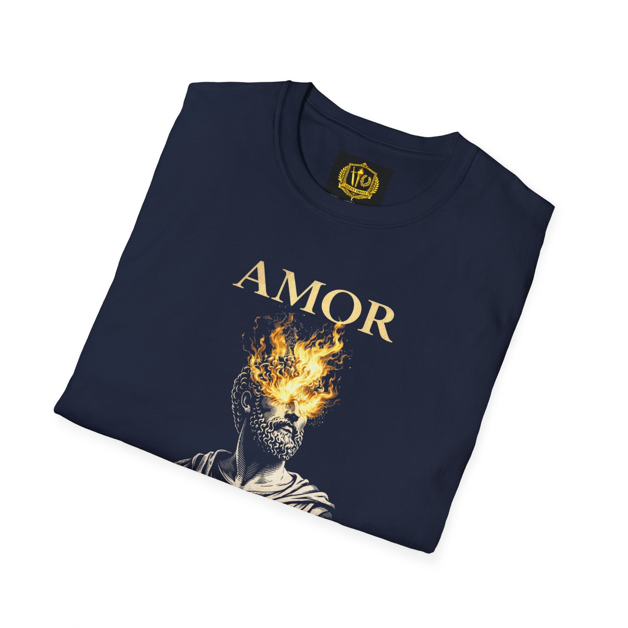 Amor Fati T-Shirt – Stoic Philosophy Flame Head Statue Design (Unisex - Image Printed On The Front)