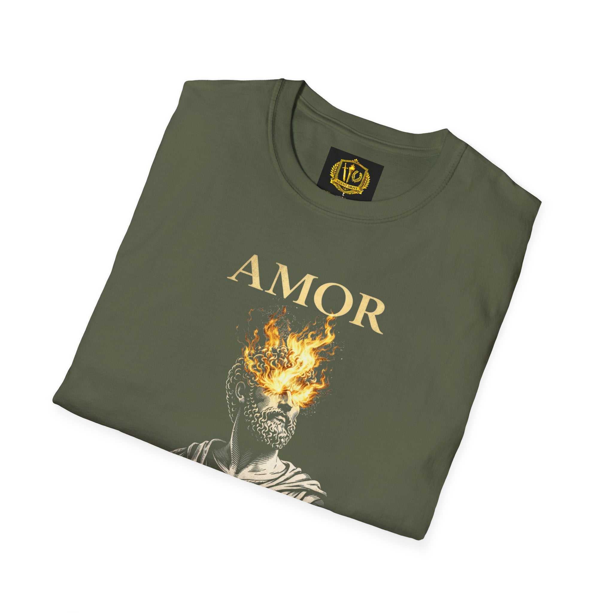 Amor Fati T-Shirt – Stoic Philosophy Flame Head Statue Design (Unisex - Image Printed On The Front)
