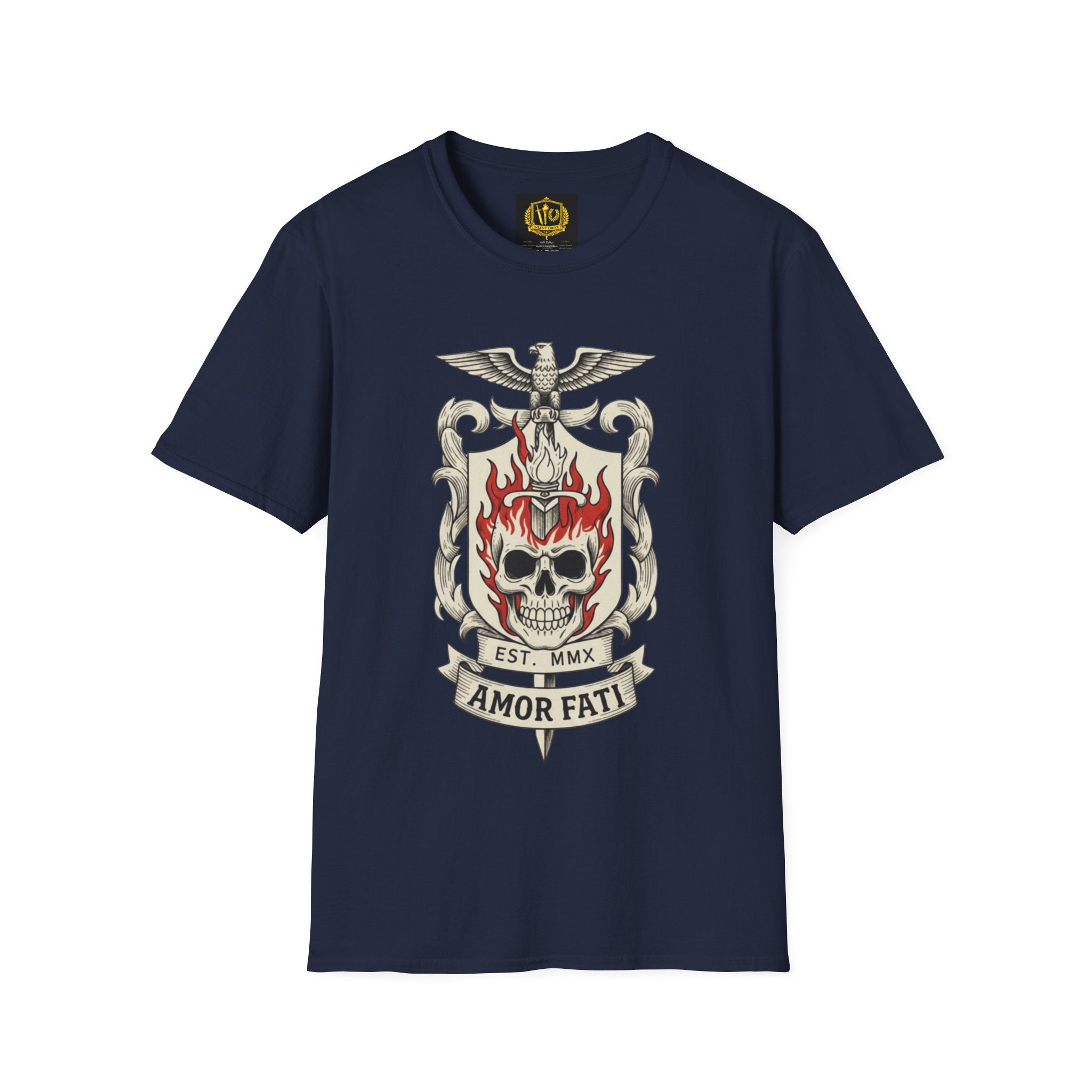 Stoic Philosophy Skull & Flame Heraldic Crest Design (Unisex - Image Printed On The Front)