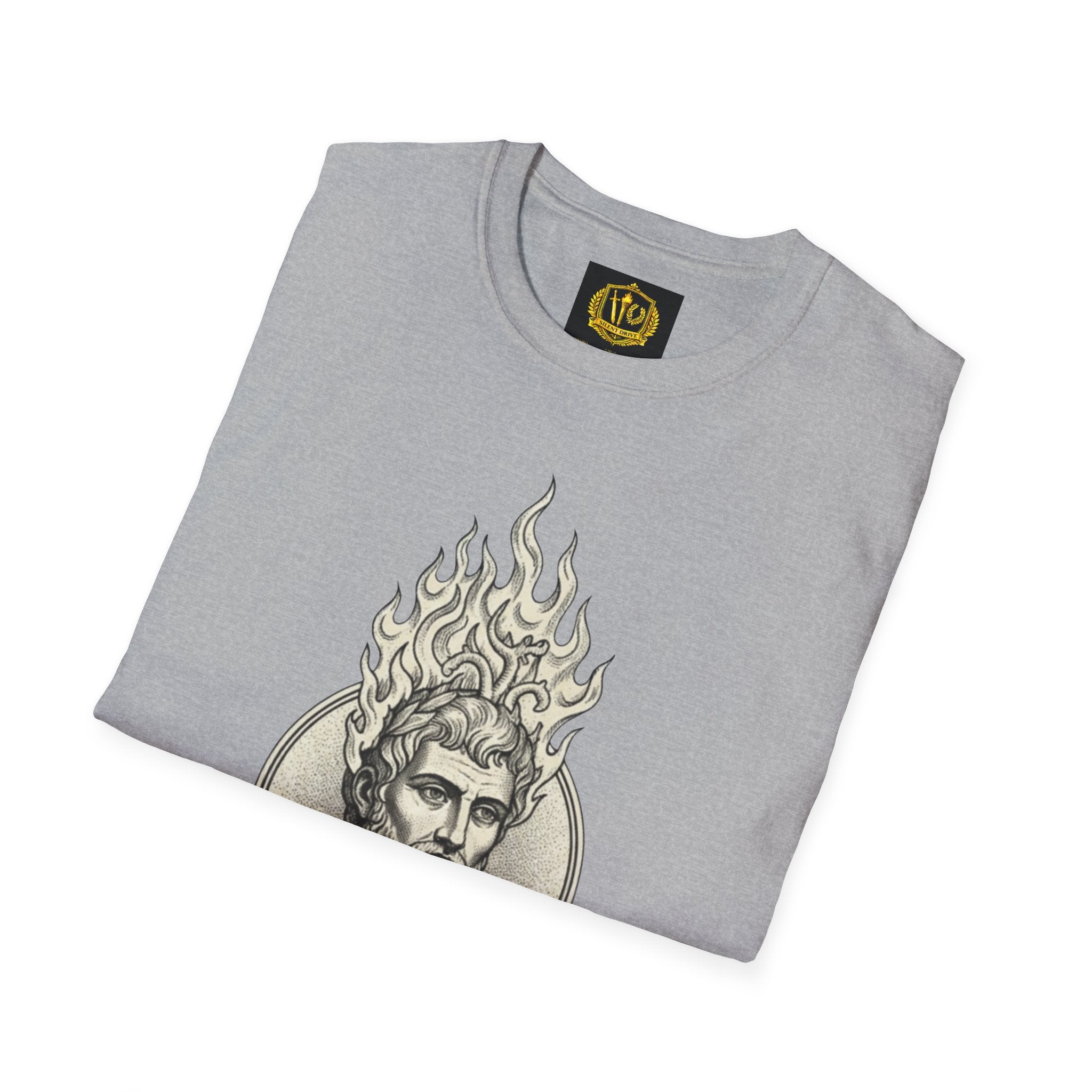 Flame of Fate Philosophy Shirt Classical Roman Stoicism Design (Unisex - Image Printed On The Front)