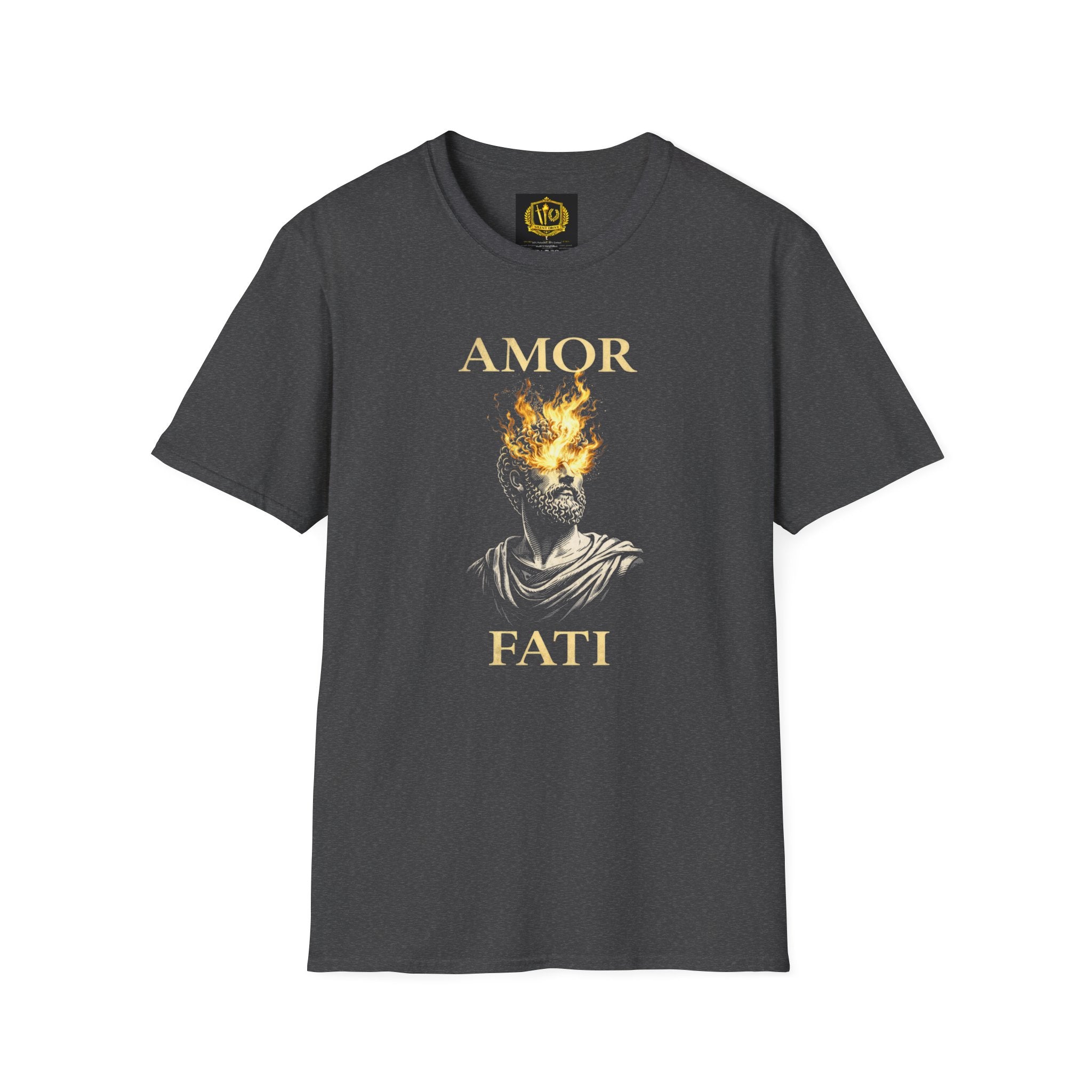 Amor Fati T-Shirt – Stoic Philosophy Flame Head Statue Design (Unisex - Image Printed On The Front)
