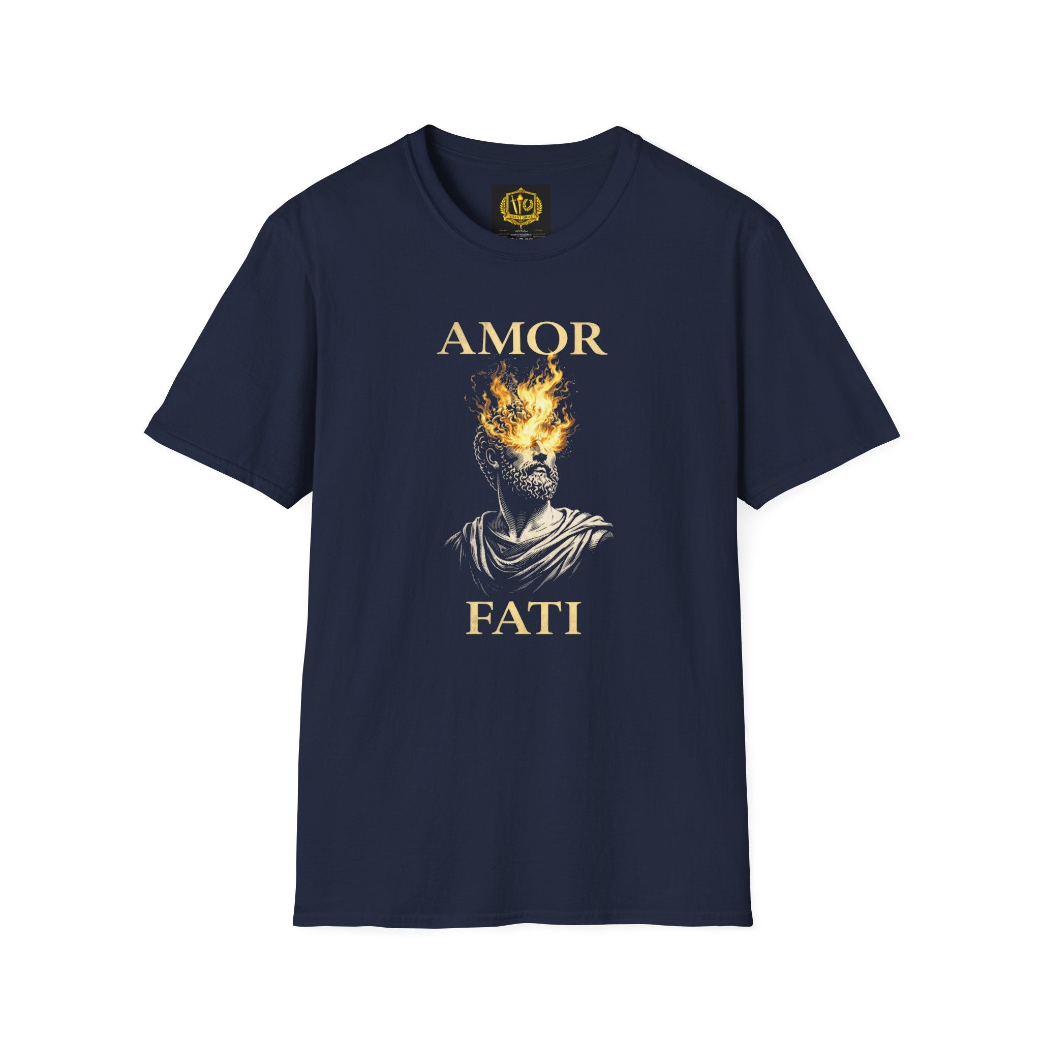 Amor Fati T-Shirt – Stoic Philosophy Flame Head Statue Design (Unisex - Image Printed On The Front)
