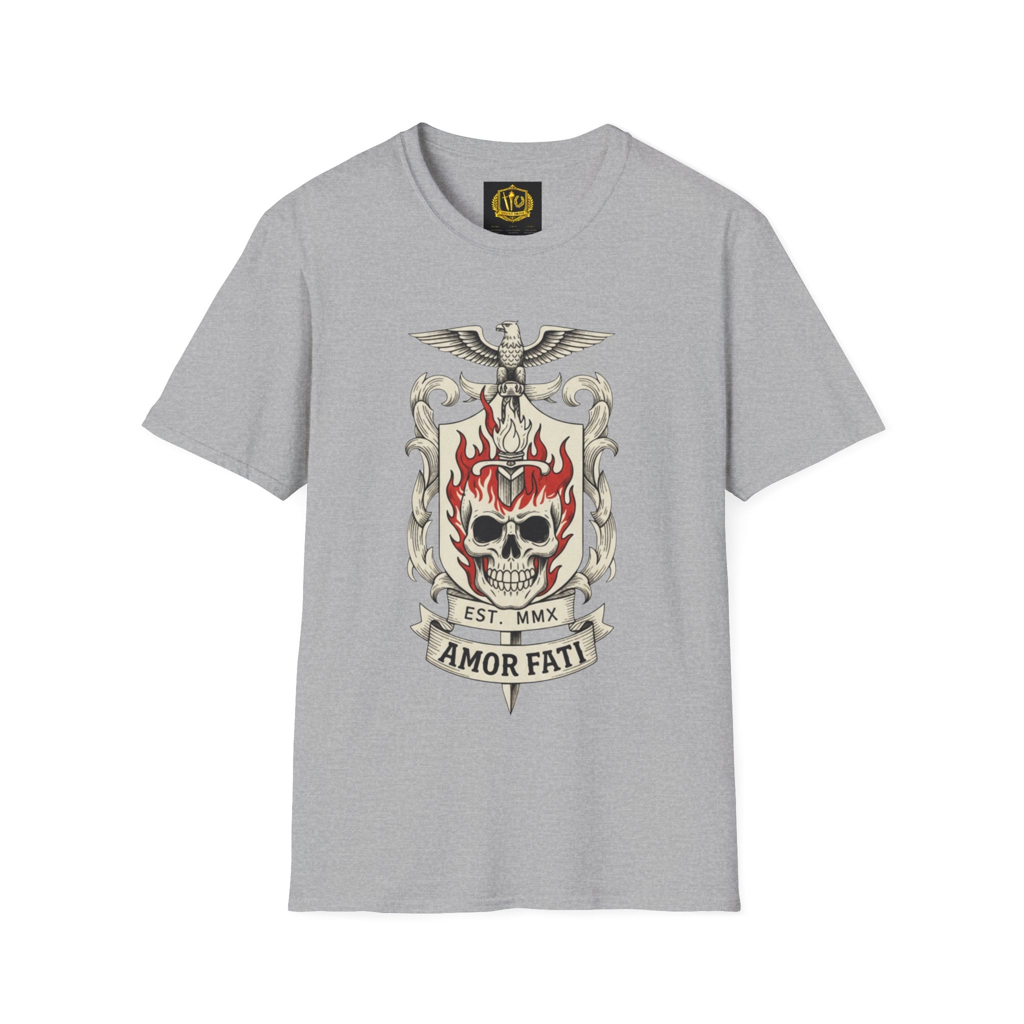 Stoic Philosophy Skull & Flame Heraldic Crest Design (Unisex - Image Printed On The Front)